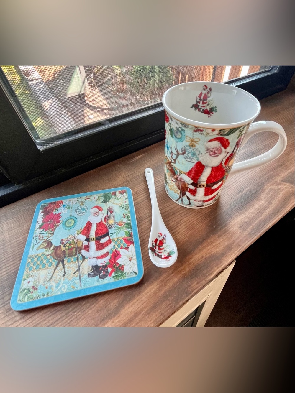 Vintage Style Santa Mug, Spoon & Coaster Set - Red, White, Turquoise